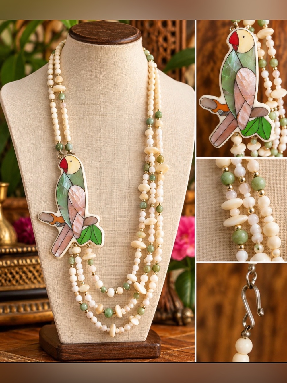 Vintage 80s- inlay MOP parrot  Pendant Triple-Strand Necklace in Cream and Green